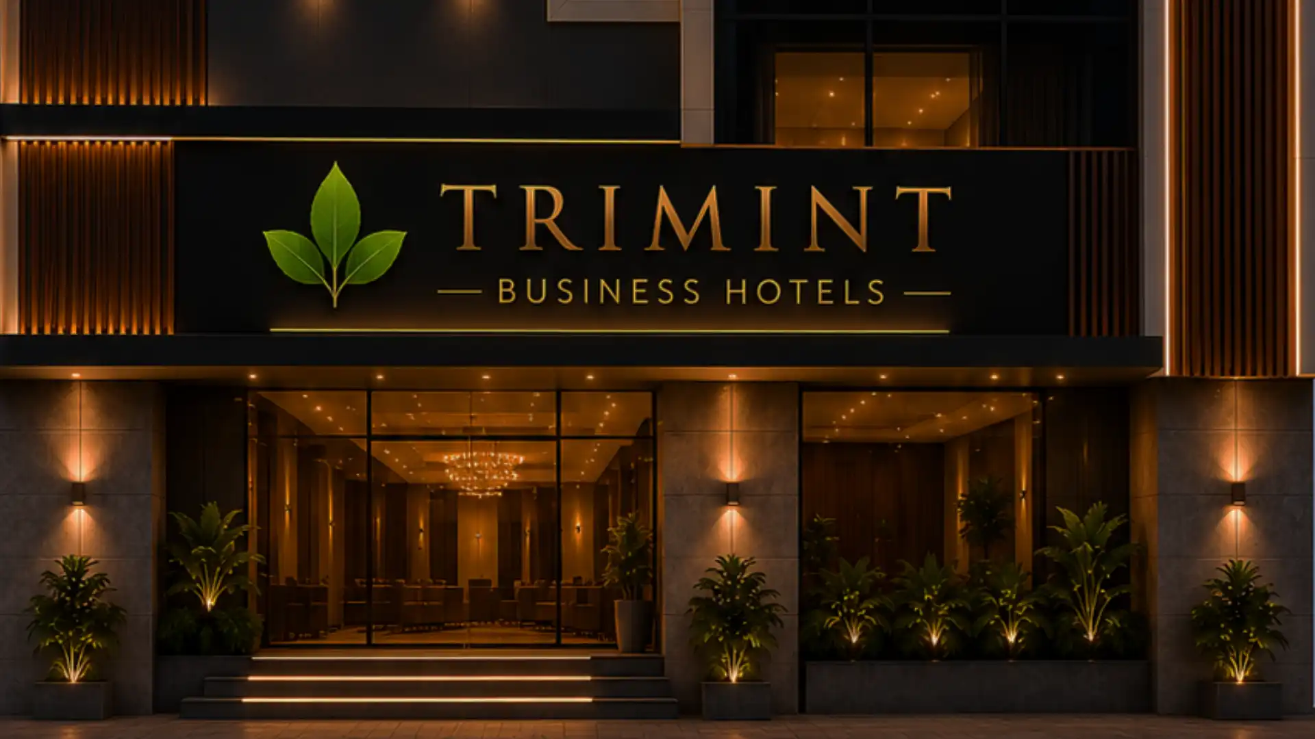 Trimint Business Hotels exterior at night